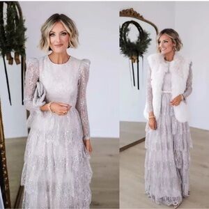 Antonio Melani Born on Fifth Silver Metallic Lace Long Sleeve Tiered Dress NEW